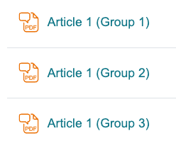 Screenshot of an "Article 1 (Group 1)" PDF Annotation activity, an "Article 1 (Group 2)" PDF Annotation activity, and an "Article 1 (Group 3)" PDF Annotation activity