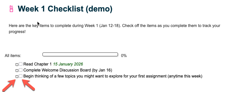 Screenshot of there being two boxes before each checklist item, indicating one is set by the student and the other is set by the instructor.